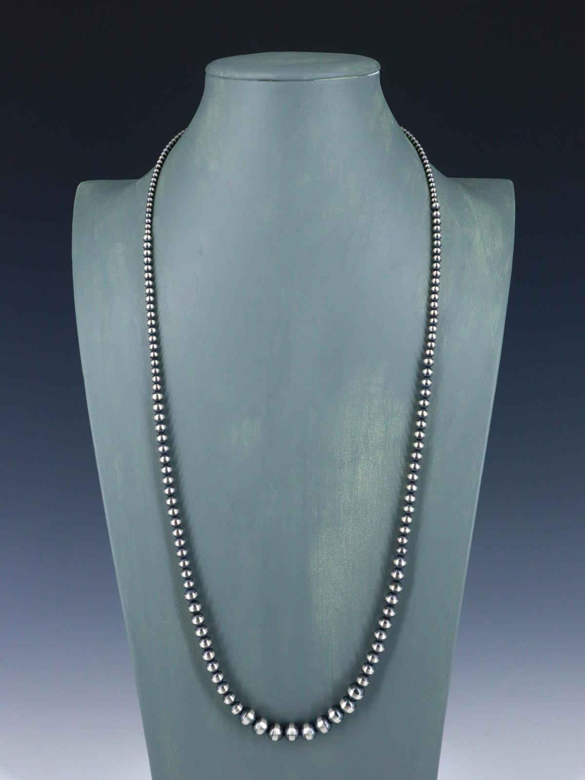 8mm Graduated Native American Sterling Silver Beaded Necklace, Multiple Lengths - PuebloDirect.com