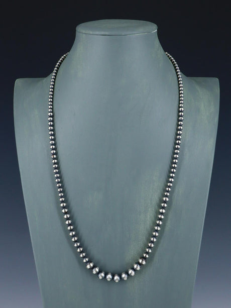 8mm Graduated Native American Sterling Silver Beaded Necklace, Multiple Lengths - PuebloDirect.com