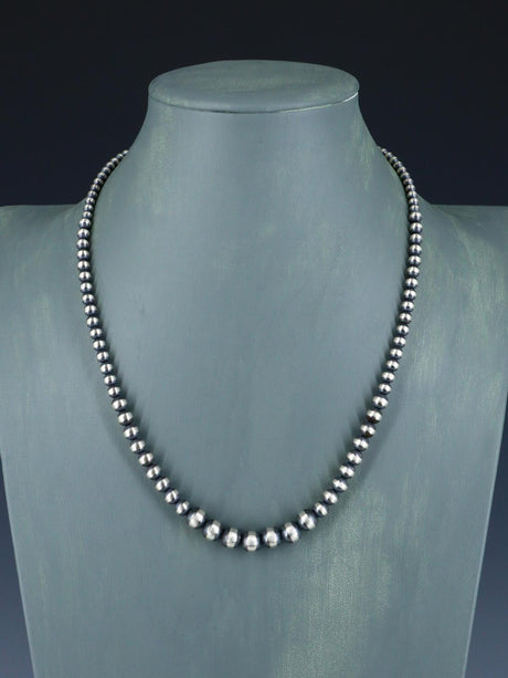 8mm Graduated Native American Sterling Silver Beaded Necklace, Multiple Lengths - PuebloDirect.com