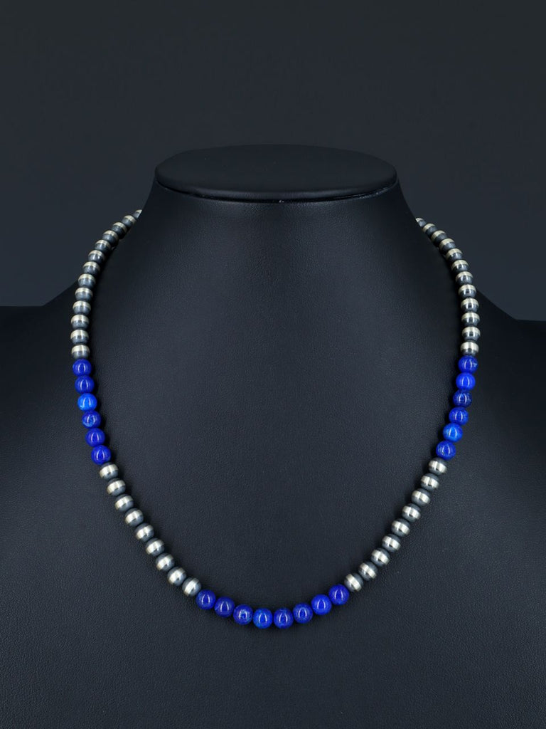 Native American Lapis and Silver Beaded Necklace - PuebloDirect.com