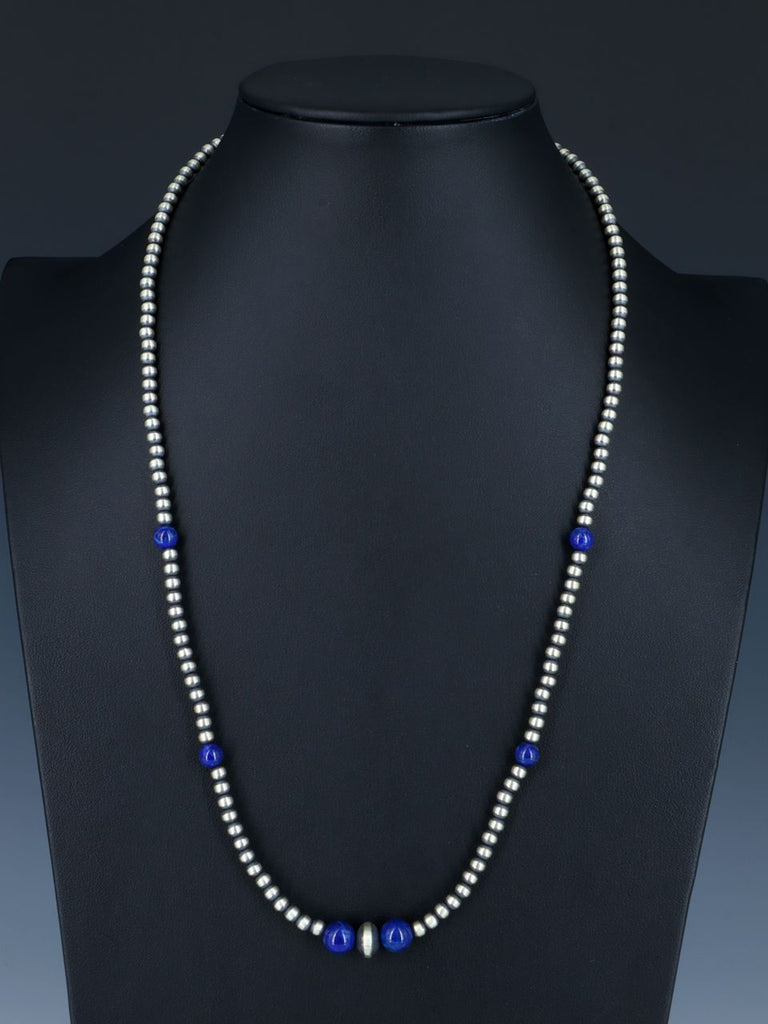 24" Native American Lapis and Silver Beaded Necklace - PuebloDirect.com