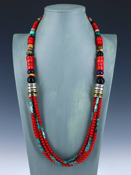 30" Navajo Bamboo Coral Multi Strand Beaded Necklace - PuebloDirect.com