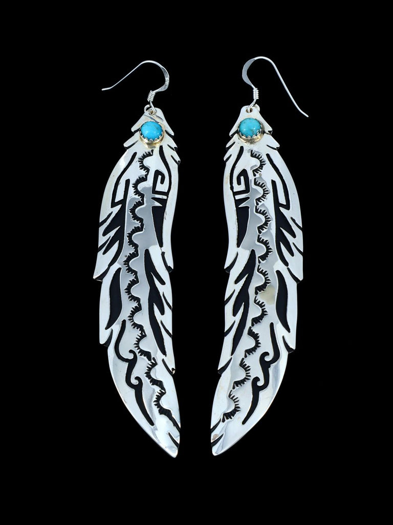 Long Navajo Sterling Silver Overlay Turquoise Dangle Feather Earrings - PuebloDirect.com
