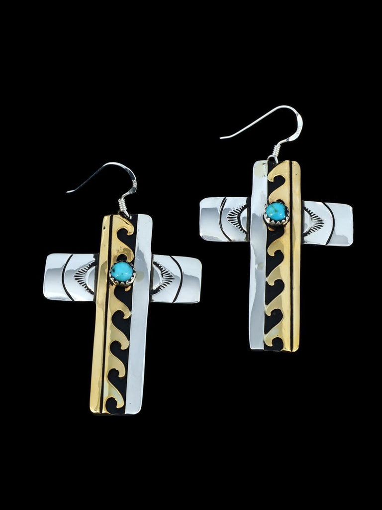 Navajo Turquoise Sterling Silver and Gold Overlay Cross Earrings - PuebloDirect.com