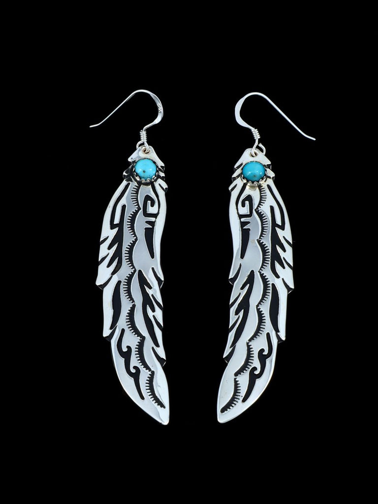 Navajo Turquoise Sterling Silver Overlay Feather Earrings - PuebloDirect.com