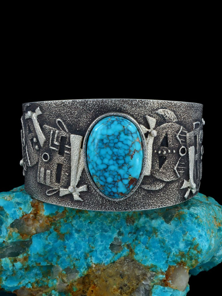Native American Tufa Cast Yei Sterling Silver Natural Blue Moon Turquoise Bracelet - PuebloDirect.com