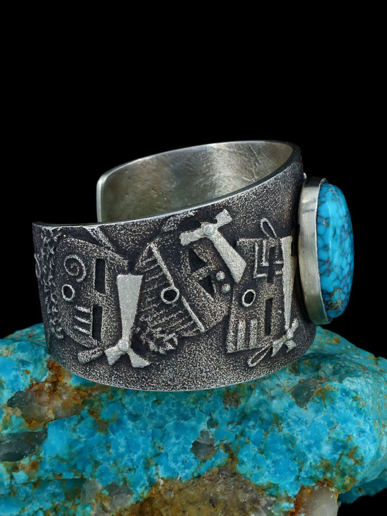 Native American Tufa Cast Yei Sterling Silver Natural Blue Moon Turquoise Bracelet - PuebloDirect.com