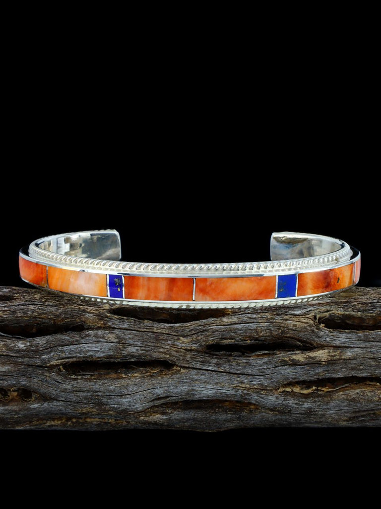 Sterling Silver Zuni Spiny Oyster and Lapis Inlay Cuff Bracelet - PuebloDirect.com