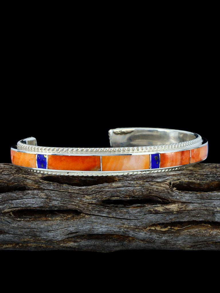 Sterling Silver Zuni Spiny Oyster and Lapis Inlay Cuff Bracelet - PuebloDirect.com