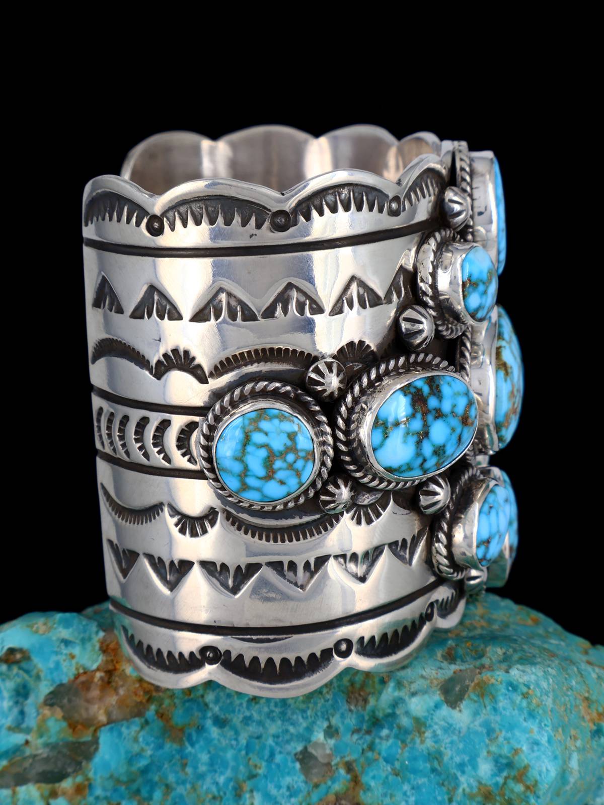 Navajo Sterling Silver Kingman Turquoise Cuff Bracelet - PuebloDirect.com