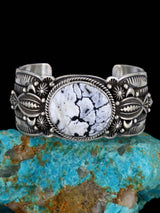 Navajo Jewelry Sterling Silver White Buffalo Cuff Bracelet - PuebloDirect.com