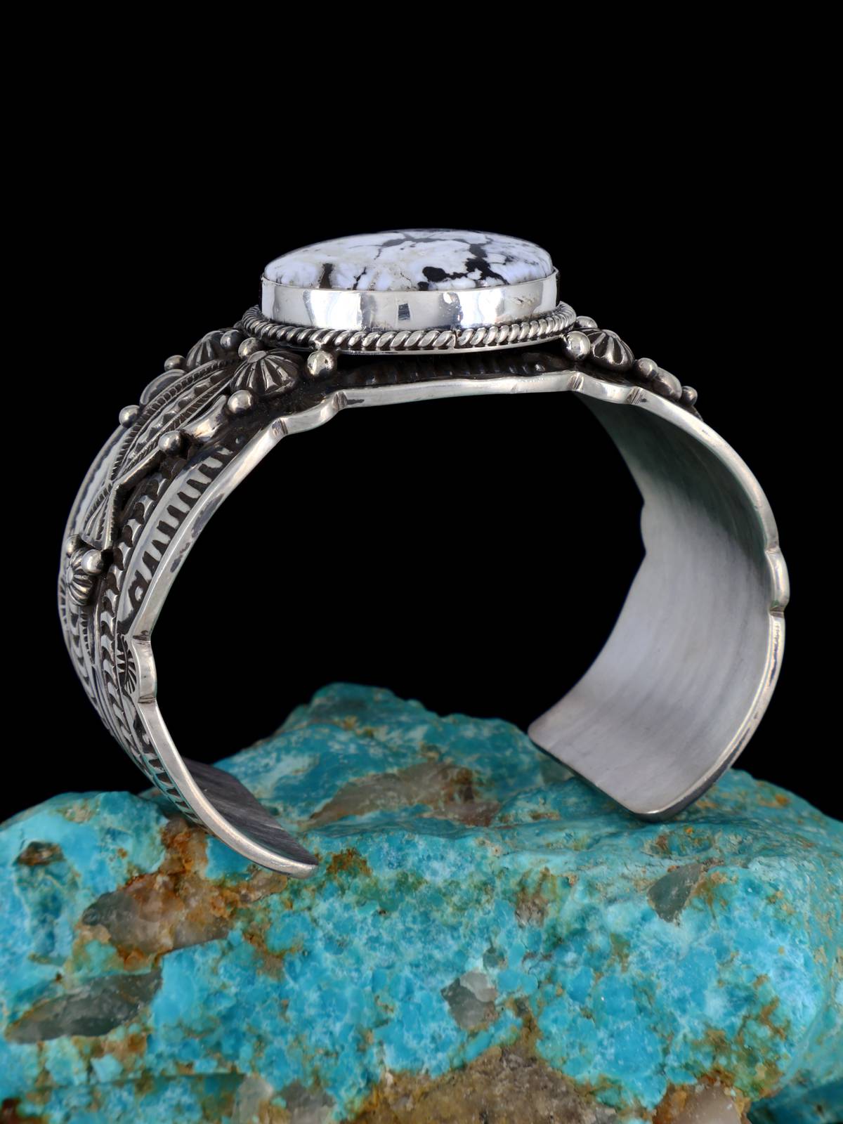 Navajo Jewelry Sterling Silver White Buffalo Cuff Bracelet - PuebloDirect.com