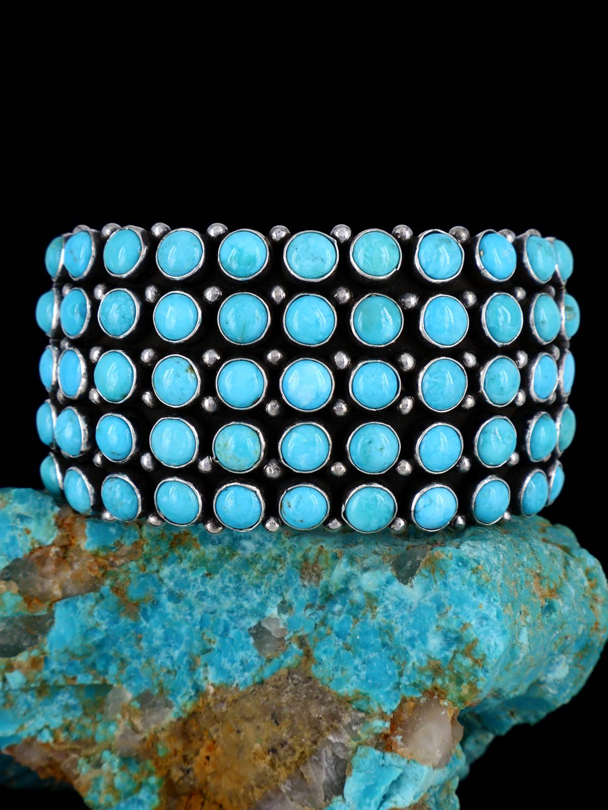 Native American Sterling Silver Sleeping Beauty Turquoise Row Bracelet - PuebloDirect.com