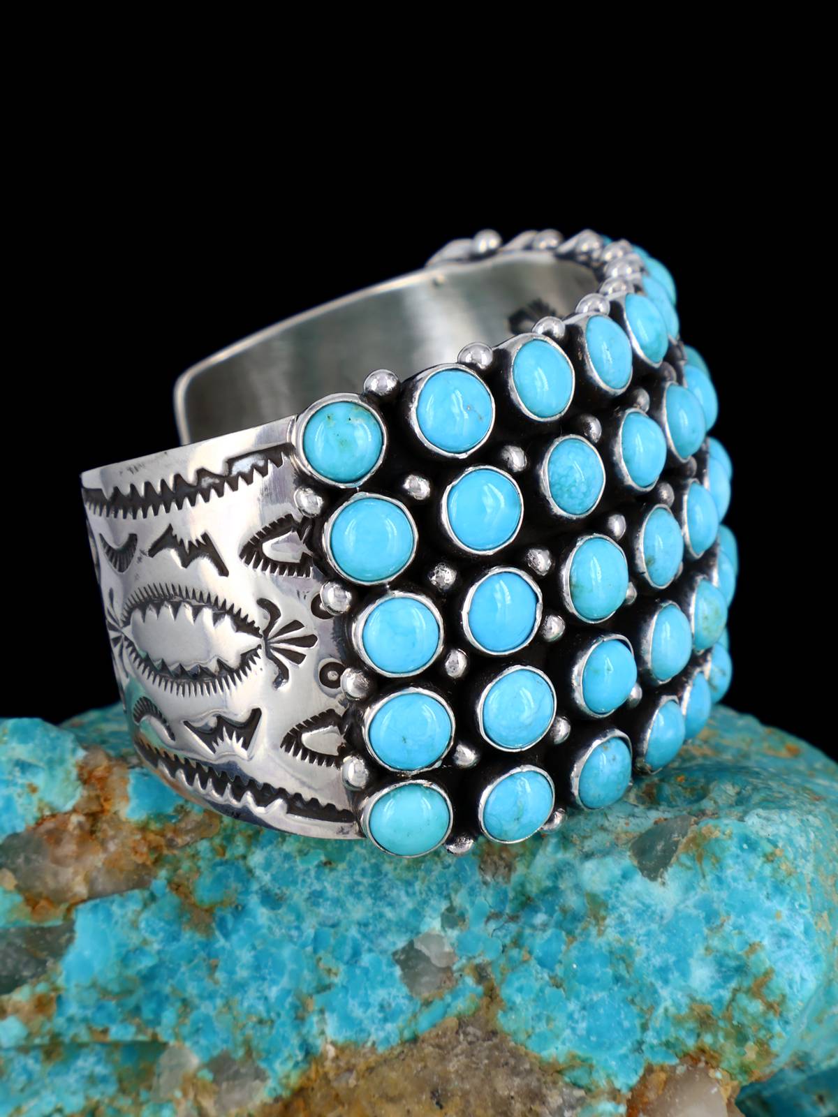 Native American Sterling Silver Sleeping Beauty Turquoise Row Bracelet - PuebloDirect.com