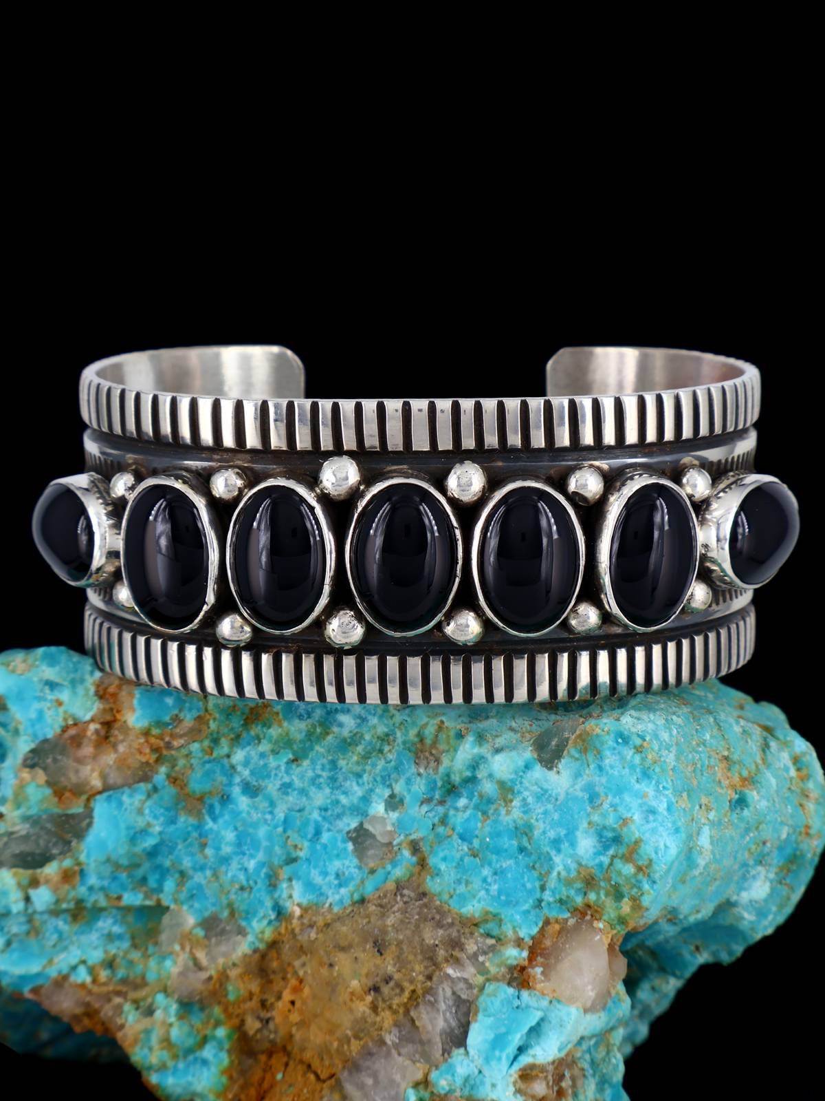 Navajo Jewelry Sterling Silver Onyx Cuff Bracelet - PuebloDirect.com