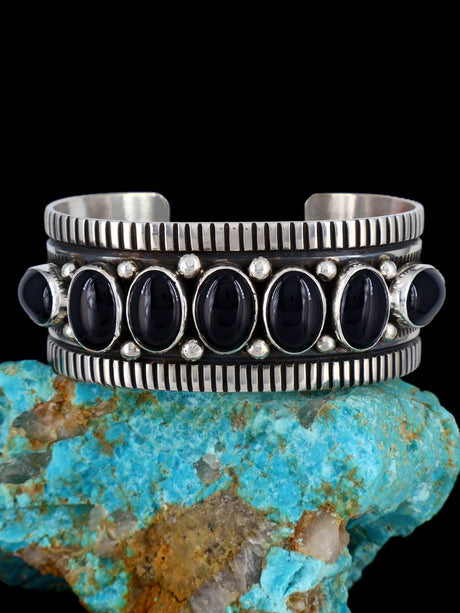 Navajo Jewelry Sterling Silver Onyx Cuff Bracelet - PuebloDirect.com