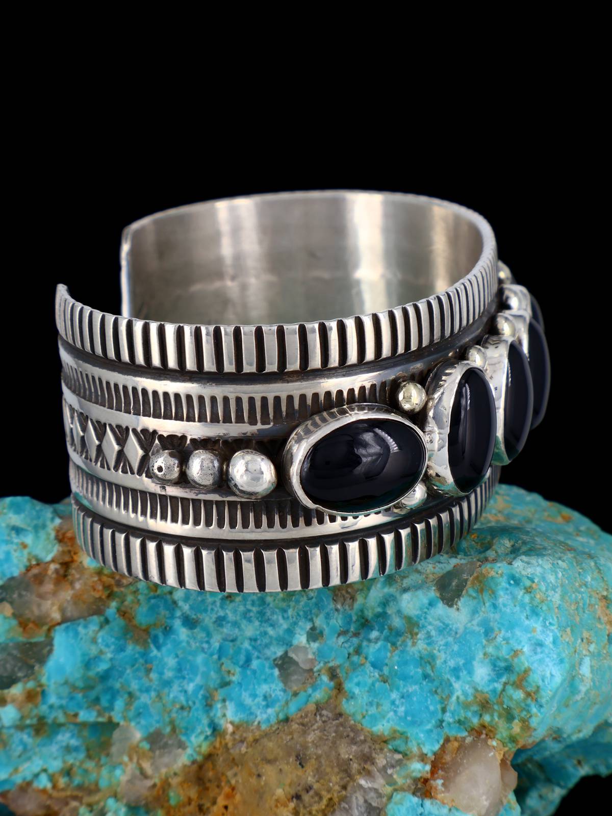 Navajo Jewelry Sterling Silver Onyx Cuff Bracelet - PuebloDirect.com