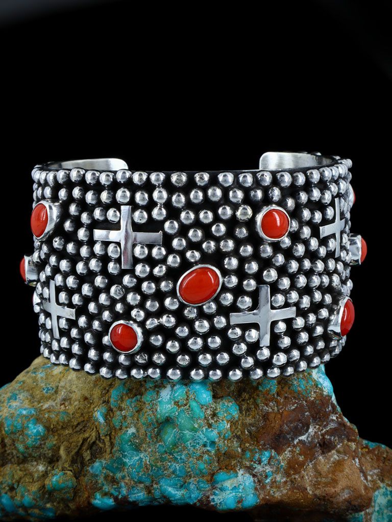 Native American Indian Jewelry Sterling Silver Coral Cross Cuff Bracelet - PuebloDirect.com