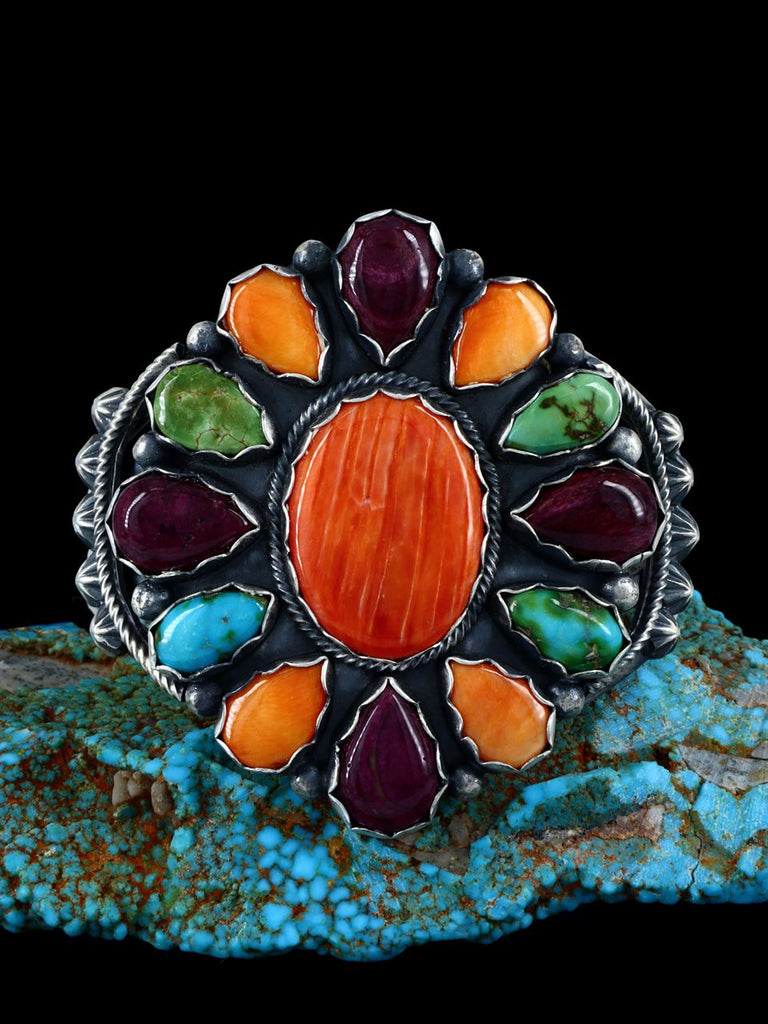 Native American Sterling Silver Spiny Oyster and Turquoise Cuff Bracelet - PuebloDirect.com