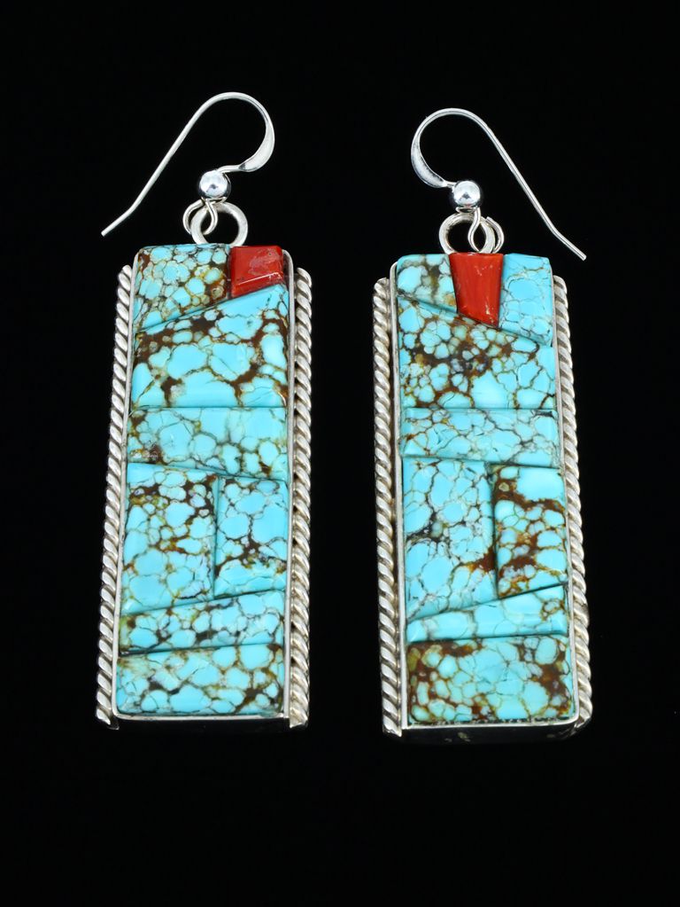 Navajo Number 8 Turquoise and Coral Cobblestone Inlay Dangle Earrings - PuebloDirect.com