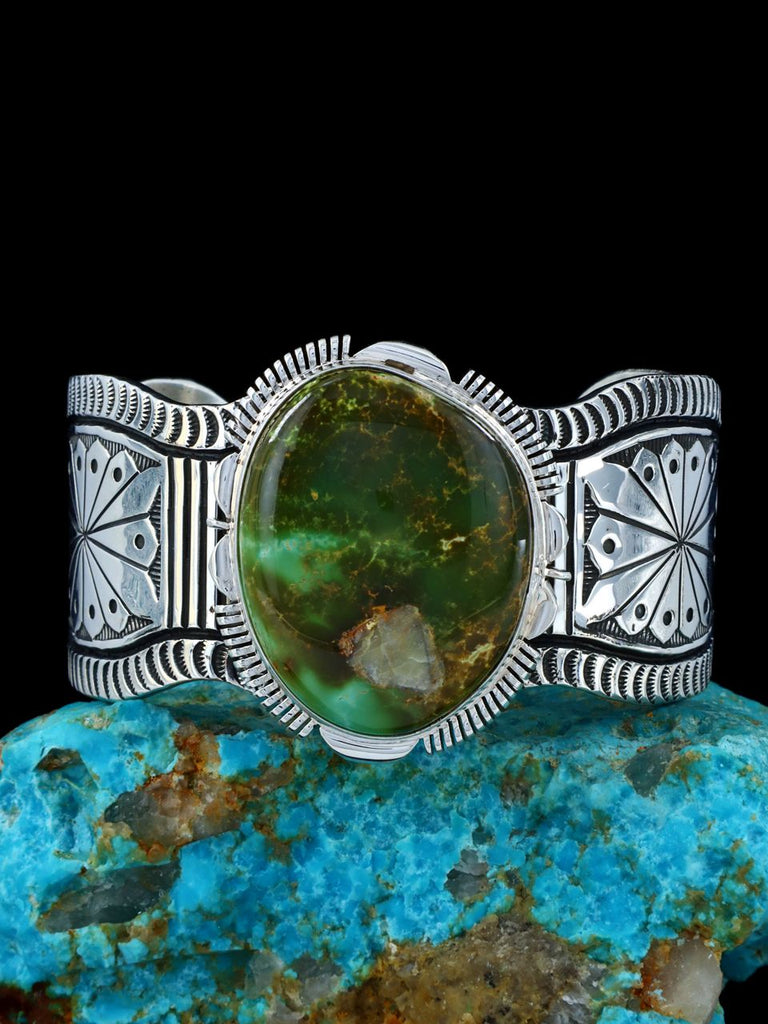 Native American Natural Royston Turquoise Stamped Cuff Bracelet - PuebloDirect.com