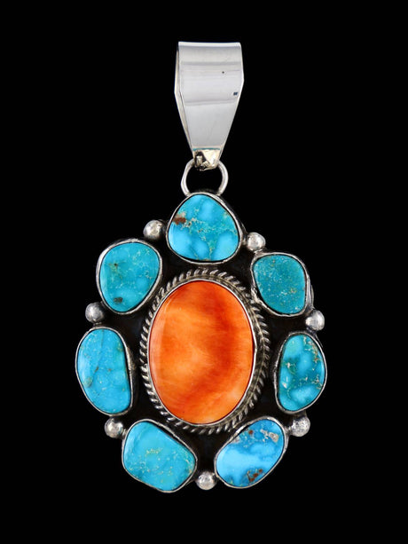 Native American Kingman Turquoise and Spiny Oyster Cluster Pendant - PuebloDirect.com
