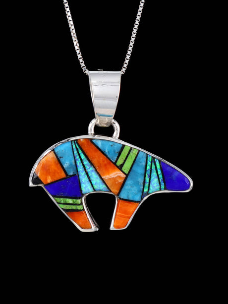 Navajo Sterling Silver Reversible Multistone Inlay Bear Pendant - PuebloDirect.com