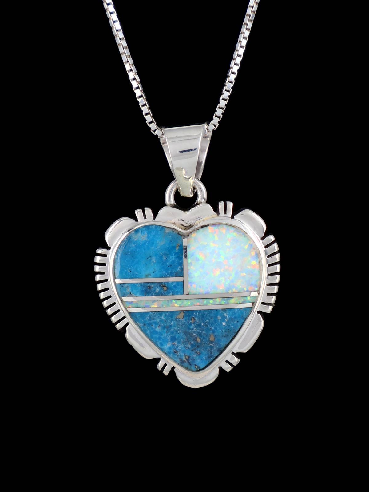 Navajo Turquoise and Opalite Mosaic Heart Inlay Pendant - PuebloDirect.com