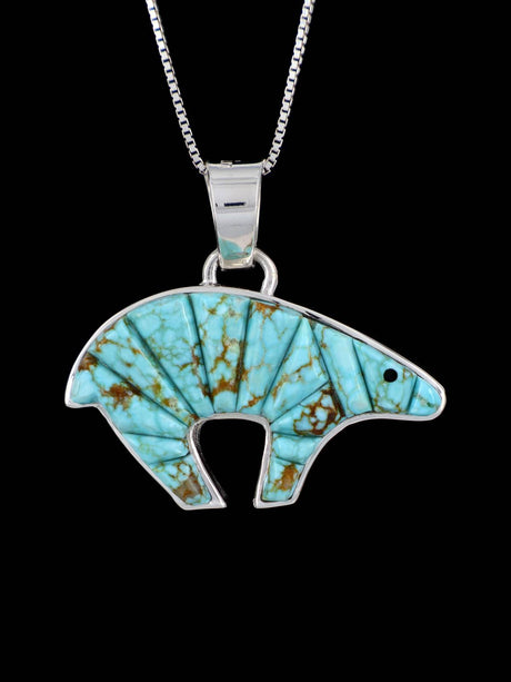 Navajo Cobblestone Inlay #8 Turquoise Sterling Silver Reversible Bear Pendant - PuebloDirect.com