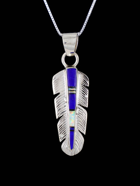 Native American Lapis and Opalite Feather Inlay Pendant - PuebloDirect.com