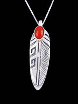 Navajo Sterling Silver Coral Feather Pendant - PuebloDirect.com