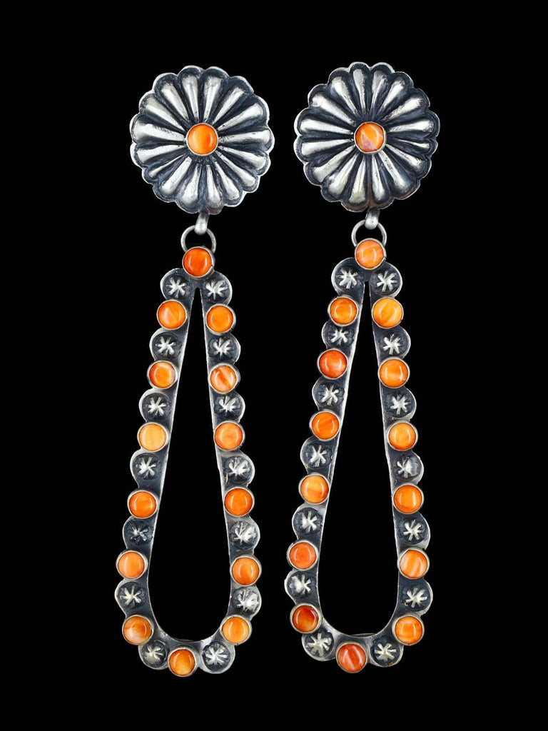 Long Navajo Sterling Silver Orange Spiny Oyster Post Dangle Earrings - PuebloDirect.com