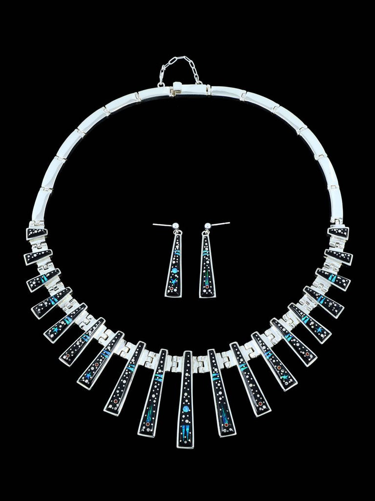 Navajo Night Sky Inlay Sterling Silver Link Necklace Set - PuebloDirect.com