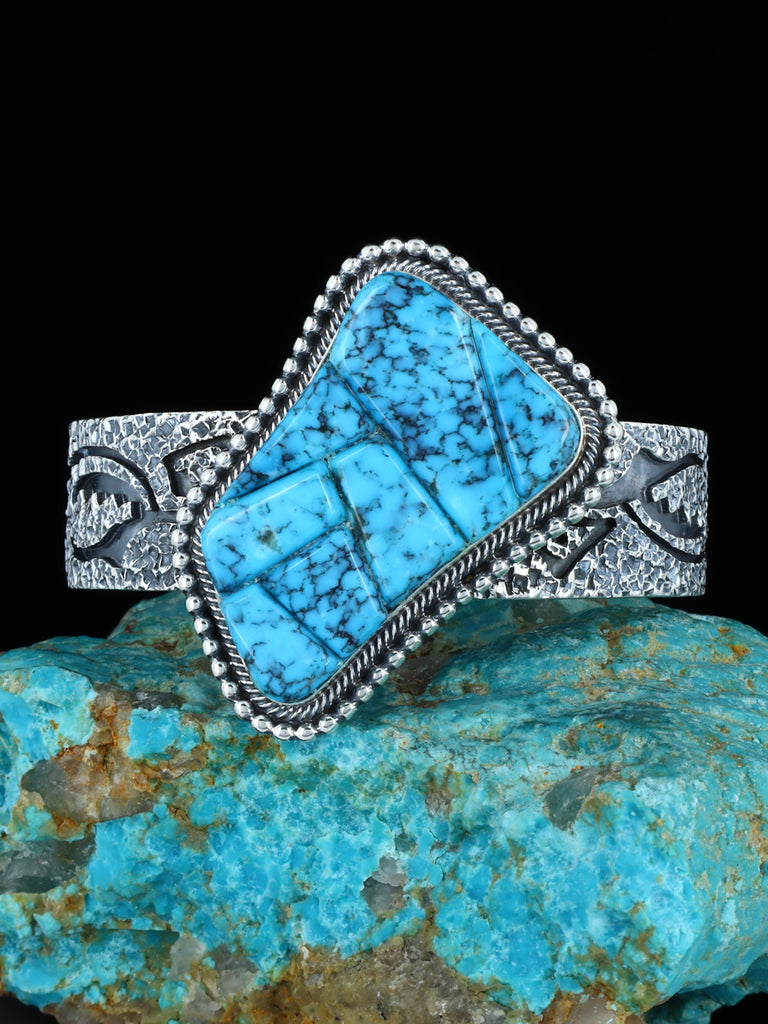 Native American Jewelry Sterling Silver Turquoise Inlay Cuff Bracelet - PuebloDirect.com