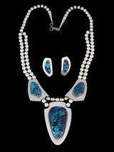 Estate Navajo Natural Cloud Mountain Turquoise Sterling Silver Necklace Set - PuebloDirect.com