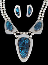 Estate Navajo Natural Cloud Mountain Turquoise Sterling Silver Necklace Set - PuebloDirect.com