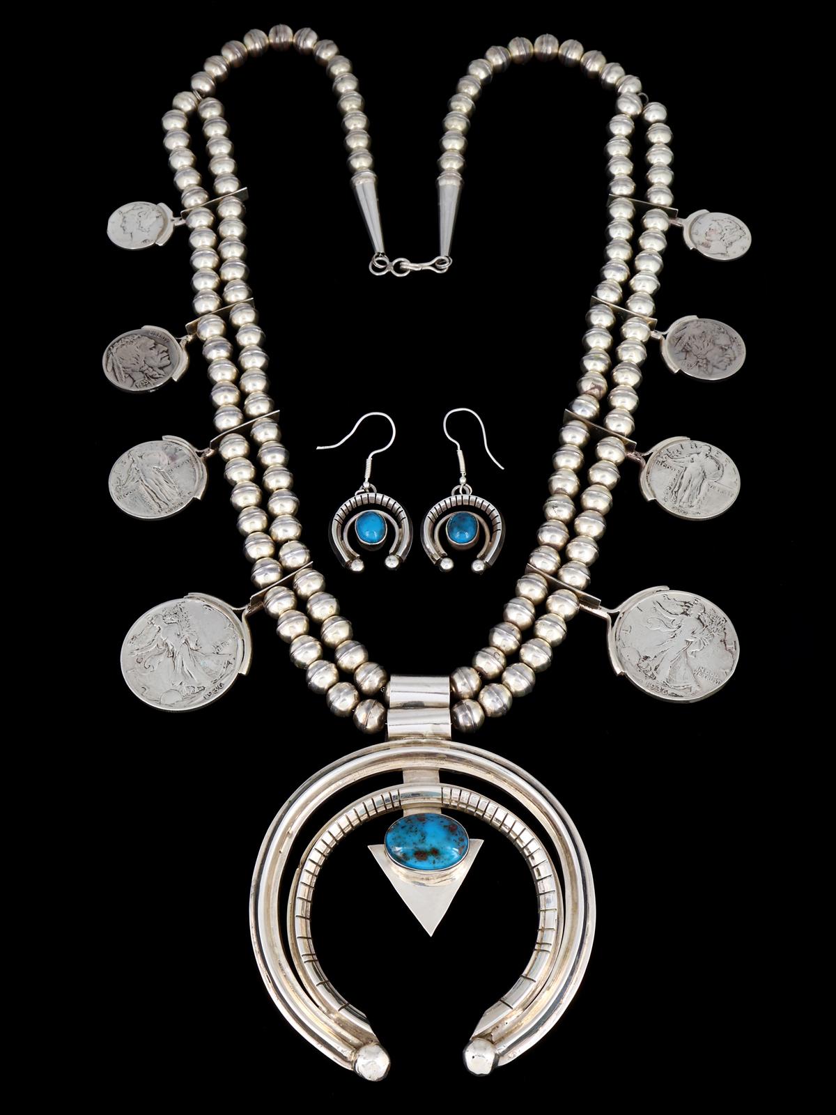 Estate Navajo Natural Bisbee Turquoise Sterling Silver Squash Blossom Necklace Set - PuebloDirect.com