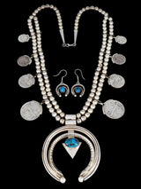 Estate Navajo Natural Bisbee Turquoise Sterling Silver Squash Blossom Necklace Set - PuebloDirect.com
