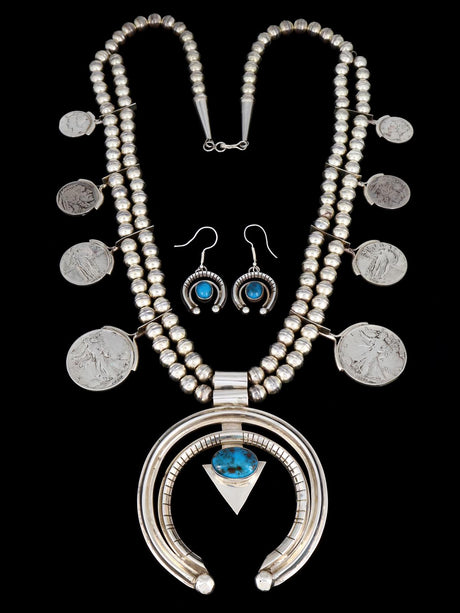Estate Navajo Natural Bisbee Turquoise Sterling Silver Squash Blossom Necklace Set - PuebloDirect.com