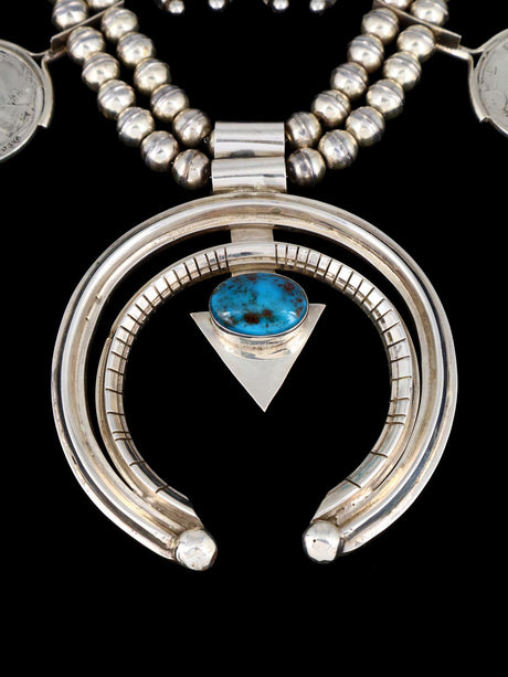 Estate Navajo Natural Bisbee Turquoise Sterling Silver Squash Blossom Necklace Set - PuebloDirect.com
