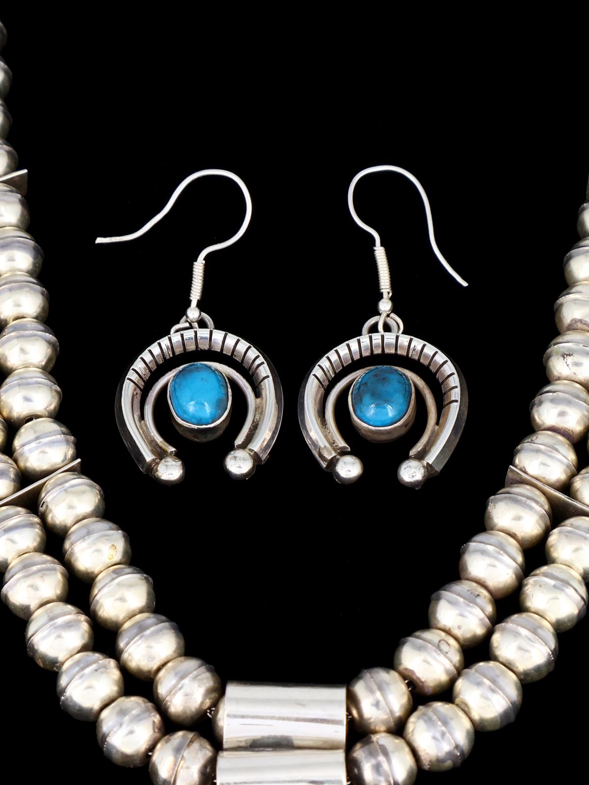 Estate Navajo Natural Bisbee Turquoise Sterling Silver Squash Blossom Necklace Set - PuebloDirect.com
