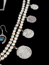 Estate Navajo Natural Bisbee Turquoise Sterling Silver Squash Blossom Necklace Set - PuebloDirect.com