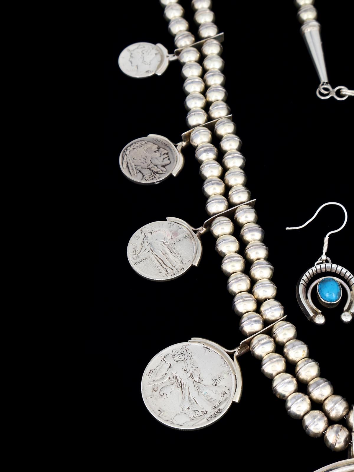 Estate Navajo Natural Bisbee Turquoise Sterling Silver Squash Blossom Necklace Set - PuebloDirect.com