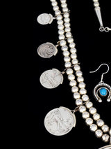 Estate Navajo Natural Bisbee Turquoise Sterling Silver Squash Blossom Necklace Set - PuebloDirect.com