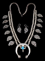 Estate Navajo Sleeping Beauty Turquoise Sterling Silver Squash Blossom Necklace Set - PuebloDirect.com