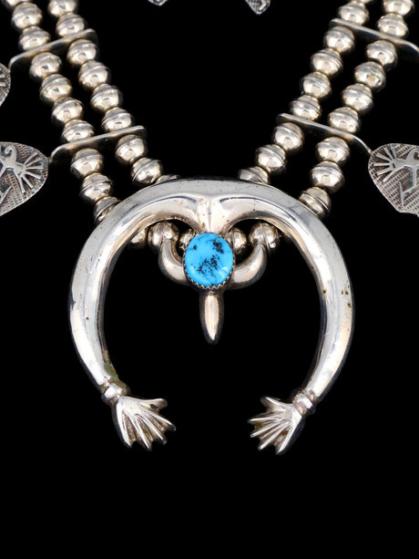 Estate Navajo Sleeping Beauty Turquoise Sterling Silver Squash Blossom Necklace Set - PuebloDirect.com