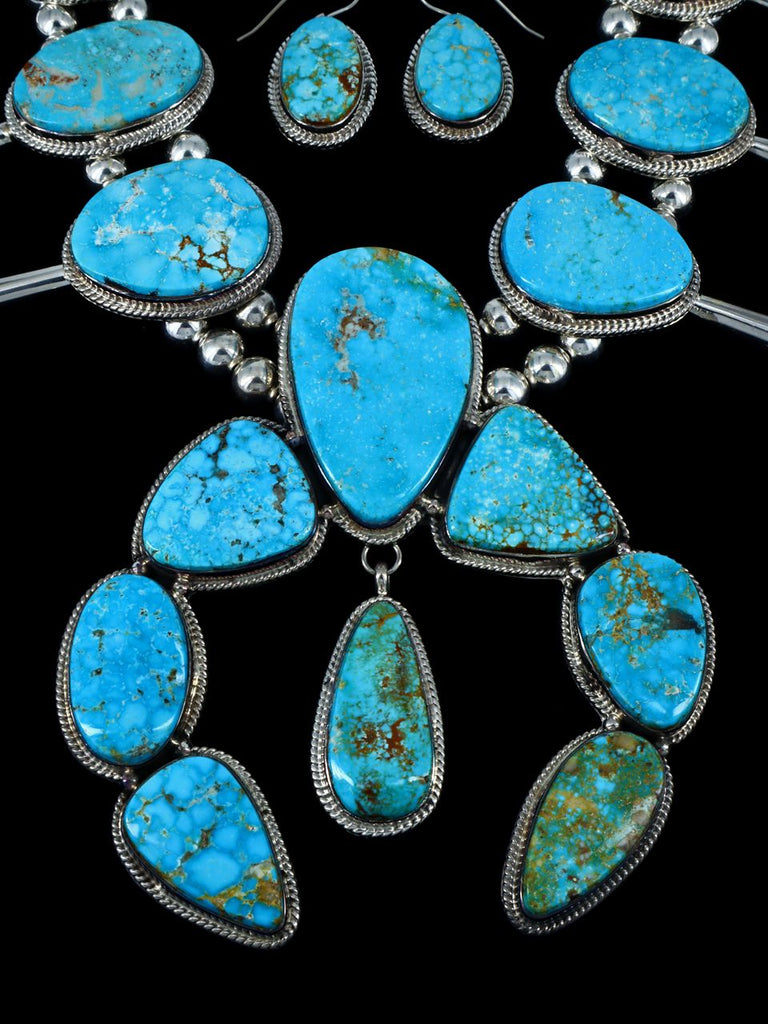 Large Native American Sterling Silver Kingman Turquoise Squash Blossom Necklace Set - PuebloDirect.com