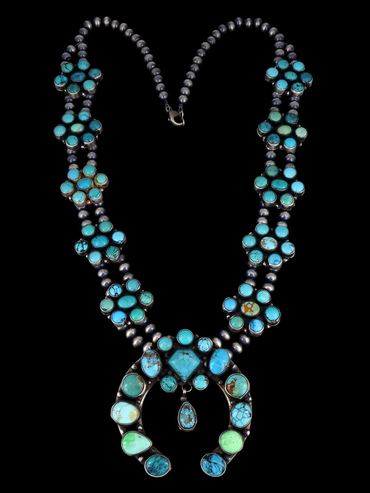 Navajo Turquoise Sterling Silver Squash Blossom Necklace - PuebloDirect.com