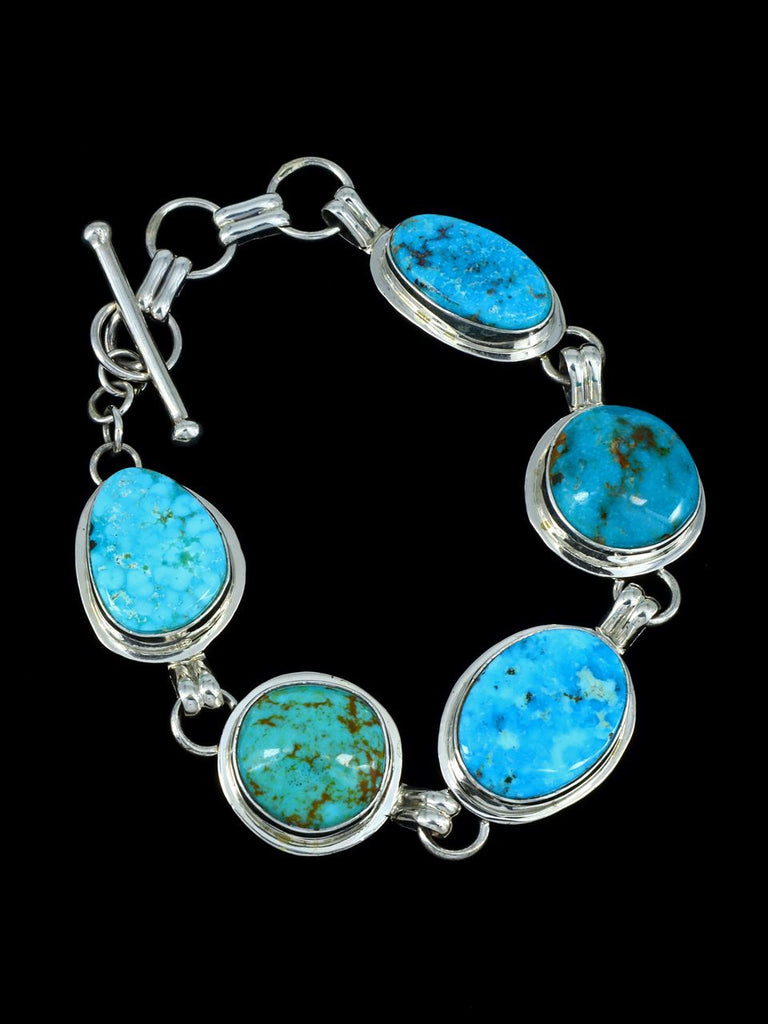 Native American Kingman Turquoise Sterling Silver Link Bracelet - PuebloDirect.com