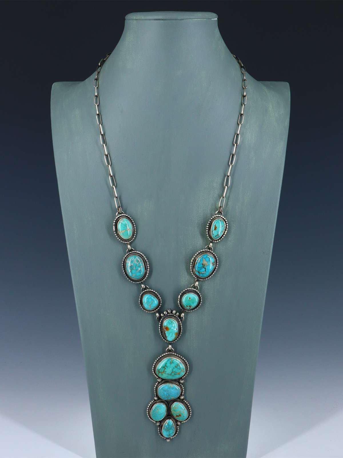 Native American Sterling Silver Carico Turquoise Lariat Necklace